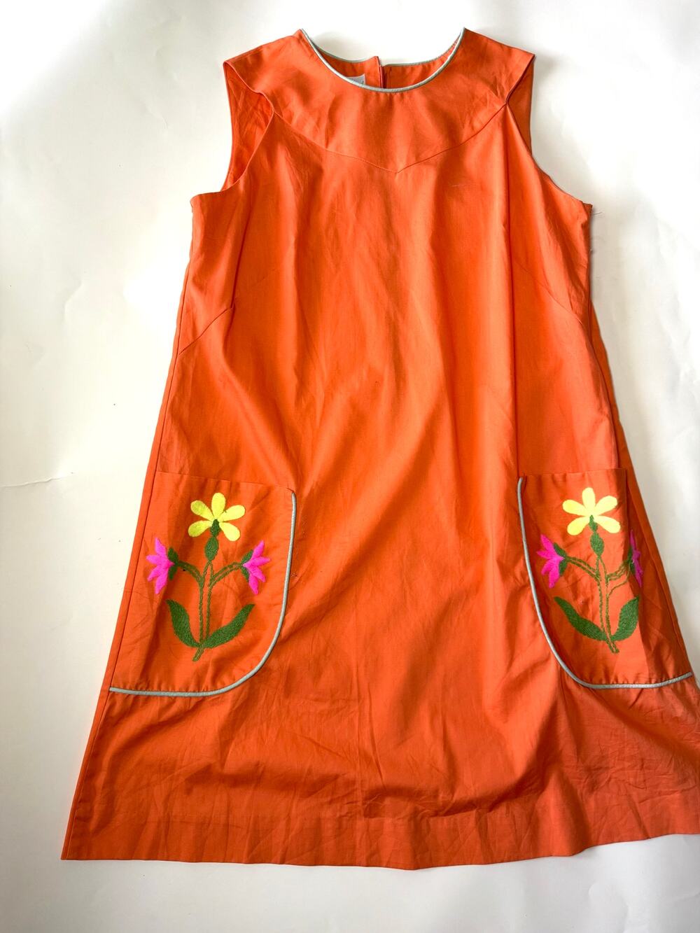 Lisa Smock Orange Embroidered Pocket Shift Dress